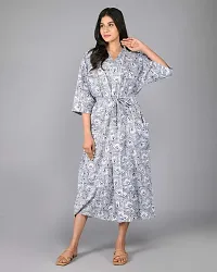 SHOOLIN Free Size Pattern Kimono Robe Long Bathrobe For Women ||Women Cotton Kimono Robe Long - Blue  ||  3/4 Sleeve Kimono For Women (Blue)-thumb1
