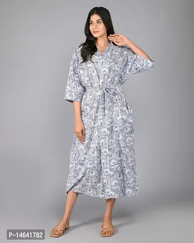 SHOOLIN Free Size Pattern Kimono Robe Long Bathrobe For Women ||Women Cotton Kimono Robe Long - Blue  ||  3/4 Sleeve Kimono For Women (Blue)-thumb2