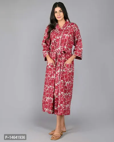 SHOOLIN Free Size Pattern Kimono Robe Long Bathrobe For Women ||Women Cotton Kimono Robe Long - Cheery Red  ||  3/4 Sleeve Kimono For Women (Red)
