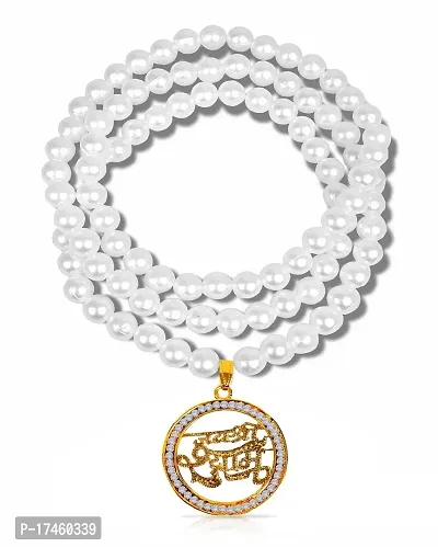 Uniqon Metal Golden Color Round Shape Big Size Diamond Nug Engraved/Studed Jai Shri Khatu Shyam Pendant Locket Necklace With White Moti Beads Pearl Mala-thumb2