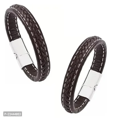 Uniqon (Set Of 2 Pcs) Unisex Brown  Silver Casual Style Daily Use Braided Leatherette Rope Cutting Wraps Strap Ponytail Design Sports Friendship Wrist Gym Band Bangle Bracelet With Buckle Lock-thumb0