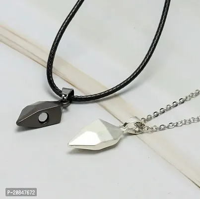 Uniqon Black  Silver Valentine's Day Special I Love You Diamond Cut Design Magnetic Distance Broken Heart Shape Love Couple Promise 2 In 1 Duo Locket Pendant With Clavicle Chain  Rope-thumb3