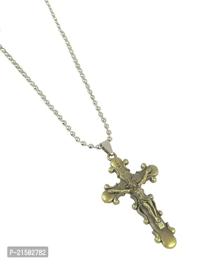 Uniqon Metal Stainless Steel Lord Holy Jesus Christ Cross Christian Catholic Cutting Antique Beautiful Fashion Isa Masih Locket Pendant Necklace With Chain For Boy's And Girl's Christmas Gift Set-thumb2