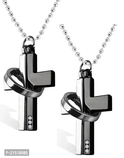 Uniqon (Set Of 2 Pcs) Black Silver Metal AD Nug Studed Dual Tone Lord Holy Jesus Christ Cross Christian Isa Masih With Ring Pendant Locket Necklace-thumb0