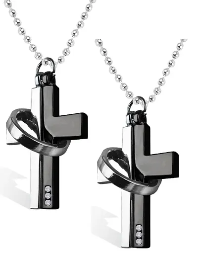 Uniqon (Set Of 2 Pcs) Metal AD Nug Studed Dual Tone Lord Holy Jesus Christ Cross Christian Isa Masih With Ring Pendant Locket Necklace