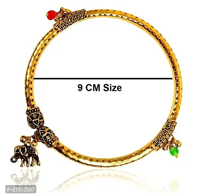 Uniqon Golden Color (1 Pair) Traditional Design Metal Alloy Adjustable Crystal Ghungroo Leg Painjan Payal Anklets Rajasthani Style Round Foot Bangle Kada Jewellery Set For Women's And Girl's-thumb2