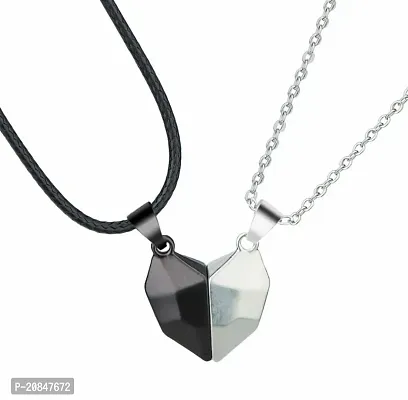 Uniqon Black  Silver Valentine's Day Special I Love You Diamond Cut Design Magnetic Distance Broken Heart Shape Love Couple Promise 2 In 1 Duo Locket Pendant With Clavicle Chain  Rope-thumb0