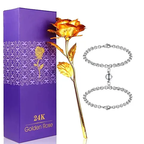 Uniqon RX000298-01 Combo of Mutual Attraction Relationship Forever Matching Round Ball Shape Bracelets with Yellow Rose Flower with Golden Leaf with Gift Box Valentine Gift for Girlfriend, Boyfriend, Husband and Wife Special Gift Pack