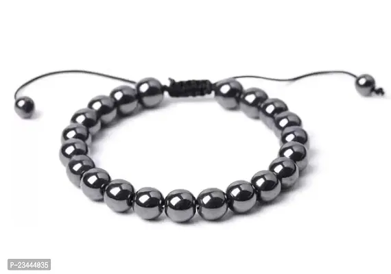 Uniqon Grey Color Adjustable Trending 8mm Round Therapy Natural Feng-Shui Healing Crystal Gem Stone Hematite Moti Beads Friendship Wrist Band Cuff Rope Dori Charming Bracelets For Men's and Women's