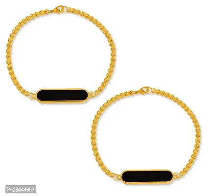 Uniqon (Set Of 2 Pcs) Unisex Golden  Black Color Stainless Steel Cylinder Shape Single Plate Stylish Trending Fashionable Casual Style Daily Use Friendship Wrist Band Cuff Box Linear Chain Bracelet