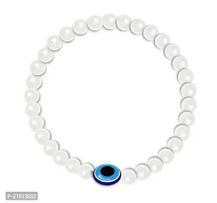 Uniqon Stretchable Elastic White 8mm Moti Beads/Stone Evil Eye Nazar Suraksha Kavach Freindship Wrist Band Cuff Bracelet