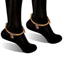 Uniqon Golden Color (1 Pair) Traditional Design Metal Alloy Adjustable Crystal Ghungroo Leg Painjan Payal Anklets Rajasthani Style Round Foot Bangle Kada Jewellery Set For Women's And Girl's-thumb4