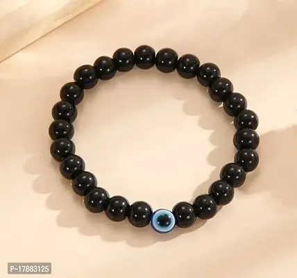 Uniqon Stretchable Elastic Black 8mm Moti Beads/Stone Evil Eye Nazar Suraksha Kavach Freindship Wrist Band Cuff Bracelet