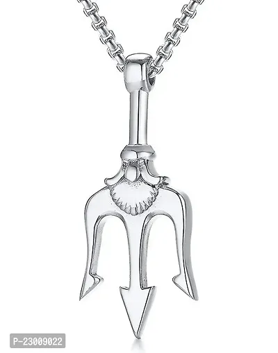 Uniqon Silver Color Fancy  Stylish Unisex Stainless Steel Hindu God Of The Sea Lord Shiva Mahadev Bolenath Mahakaal Poseidon Trishul/Trident Locket Pendant Necklace With Box Chain-thumb0