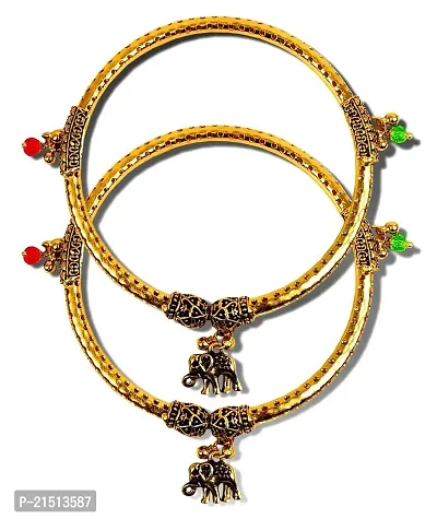 Uniqon Golden Color (1 Pair) Traditional Design Metal Alloy Adjustable Crystal Ghungroo Leg Painjan Payal Anklets Rajasthani Style Round Foot Bangle Kada Jewellery Set For Women's And Girl's-thumb0