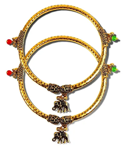 Uniqon Golden Color (1 Pair) Traditional Design Metal Alloy Adjustable Crystal Ghungroo Leg Painjan Payal Anklets Rajasthani Style Round Foot Bangle Kada Jewellery Set For Women's And Girl's