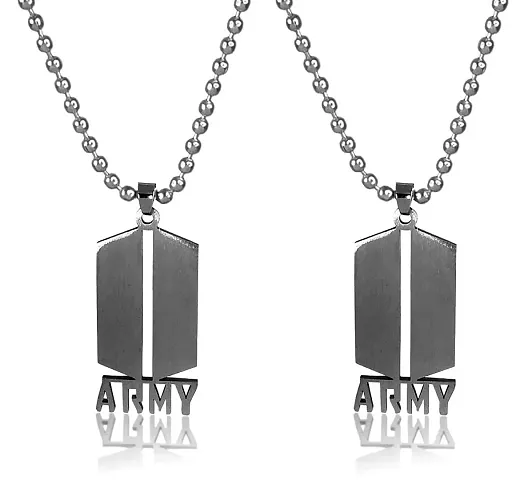 Uniqon (Set Of 2 Pcs) Unisex Color Fancy Stylish Stainless 3d Bts Logo Trending Name Army Letter Pendant Locket Necklace With Ball Chain For Fans Jewellery Set