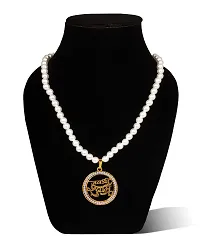 Uniqon Metal Golden Color Round Shape Big Size Diamond Nug Engraved/Studed Jai Shri Khatu Shyam Pendant Locket Necklace With White Moti Beads Pearl Mala-thumb3