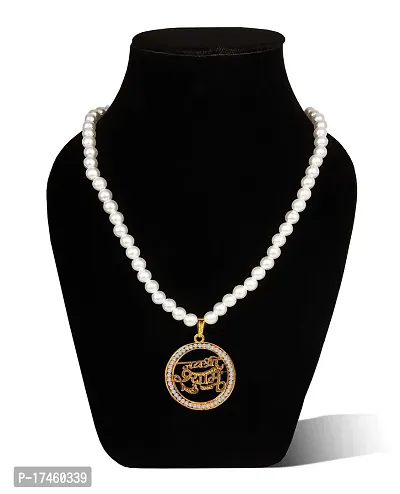 Uniqon Metal Golden Color Round Shape Big Size Diamond Nug Engraved/Studed Jai Shri Khatu Shyam Pendant Locket Necklace With White Moti Beads Pearl Mala-thumb4