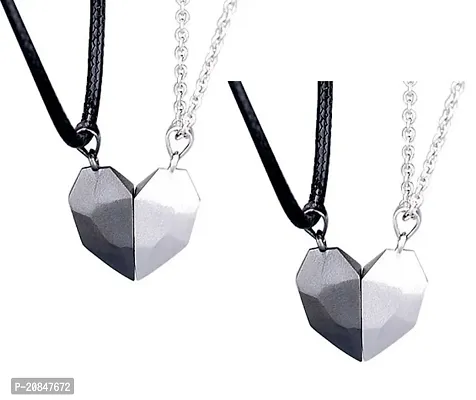Uniqon Black  Silver Valentine's Day Special I Love You Diamond Cut Design Magnetic Distance Broken Heart Shape Love Couple Promise 2 In 1 Duo Locket Pendant With Clavicle Chain  Rope-thumb4