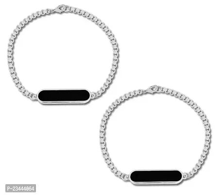 Uniqon (Set Of 2 Pcs) Unisex Silver  Black Color Stainless Steel Cylinder Shape Single Plate Stylish Trending Fashionable Casual Style Daily Use Friendship Wrist Band Cuff Box Linear Chain Bracelet