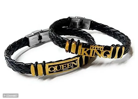 Uniqon (Set Of 2 Pcs) Golden Love Queen And King Crown Casual Style Daily Use Braided Leatherette Rope Cutting Wraps Strap Ponytail Design Hand Wrist Band Bangle Couple Bracelet With Buckle Lock-thumb2