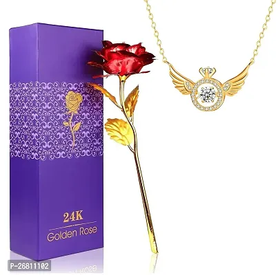 Uniqon RX000311 Red Rose Flower with Golden Nug Studed Beating Heart Angel Wings Locket Pendant Valentine Gift for Girlfriend, Boyfriend, Husband and Wife Special Gift Pack-thumb0