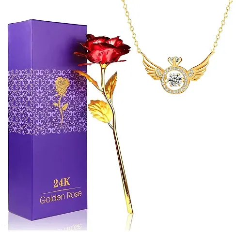 Uniqon RX000311 Red Rose Flower with Golden Nug Studed Beating Heart Angel Wings Locket Pendant Valentine Gift for Girlfriend, Boyfriend, Husband and Wife Special Gift Pack