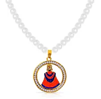 Uniqon Metal Round Shape Diamond Nug Studed Hindu God Lord Shri Baba Khatu Shyam/Barbarika Ji Face/Head Locket Pendant Necklace With White Pearl Beads Moti Mala-thumb1