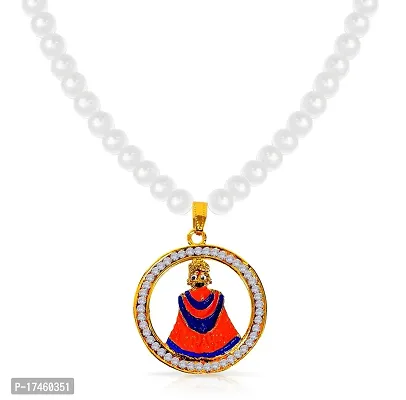 Uniqon Metal Round Shape Diamond Nug Studed Hindu God Lord Shri Baba Khatu Shyam/Barbarika Ji Face/Head Locket Pendant Necklace With White Pearl Beads Moti Mala-thumb2