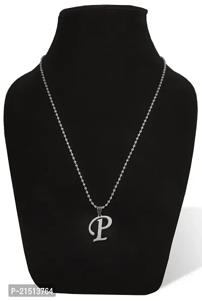 Uniqon Silver Color Unisex Metal Fancy  Stylish Trending Name English Alphabet 'P' Letter Locket Pendant Necklace With Ball Chain-thumb2