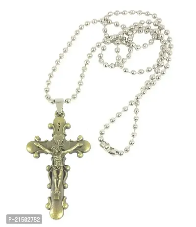 Uniqon Metal Stainless Steel Lord Holy Jesus Christ Cross Christian Catholic Cutting Antique Beautiful Fashion Isa Masih Locket Pendant Necklace With Chain For Boy's And Girl's Christmas Gift Set-thumb0