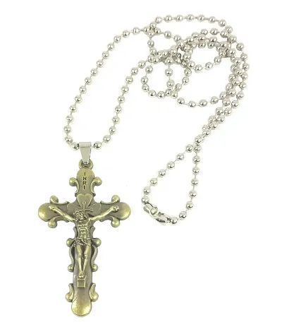 Uniqon Metal Stainless Lord Holy Jesus Christ Cross Christian Catholic Cutting Beautiful Fashion Isa Masih Locket Pendant Necklace With Chain For Boy's And Girl's Christmas Gift Set