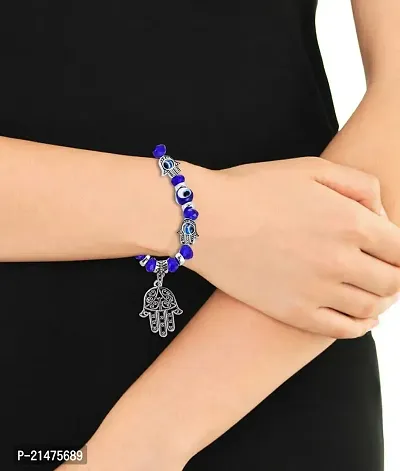 Uniqon (Set Of 2) Valentine's Day Adjustable 8mm Blue Crystal Moti Pearl Beads/Stone Evil Eye Hamsa Fatima's Lucky Hand Palm Nazariya Suraksha Kavach Promise Wrist Band Cuff Elastic Field Bracelet-thumb2