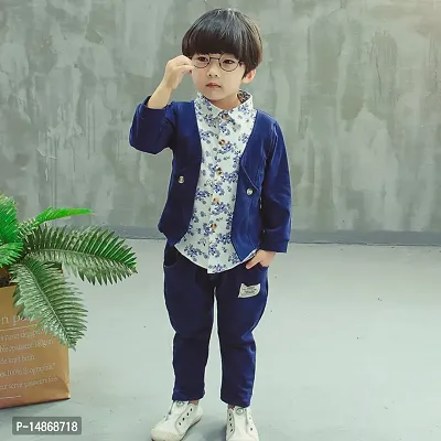 Premium Boys Navy Blue Jacket with Floral Print Shirt and Pant Clothing Set for Party, Wedding and Festive Wear-thumb5