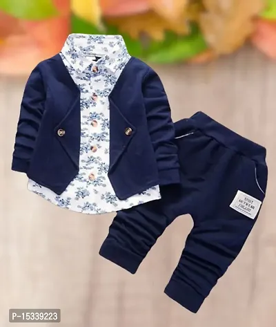 Premium Boys Navy Blue Jacket with Floral Print Shirt and Pant Clothing Set for Party, Wedding and Festive Wear Top and Bottom Set
