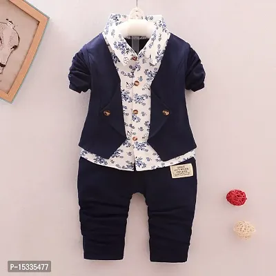 Premium Boys Navy Blue Jacket with Floral Print Shirt and Pant Clothing Set for Party, Wedding and Festive Wear Top and Bottom Set