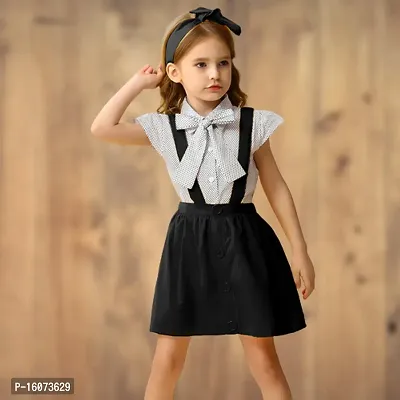 Premium Girls White Cotton Polka Dot Printed Shirt and Skirt with Headband Dress for Girls Top and Bottom Clothing Set