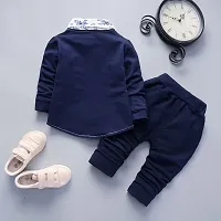 Premium Boys Navy Blue Jacket with Floral Print Shirt and Pant Clothing Set for Party, Wedding and Festive Wear Top and Bottom Set-thumb1