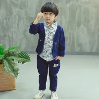 Premium Boys Navy Blue Jacket with Floral Print Shirt and Pant Clothing Set for Party, Wedding and Festive Wear Top and Bottom Set-thumb4