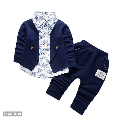 Premium Boys Navy Blue Jacket with Floral Print Shirt and Pant Clothing Set for Party, Wedding and Festive Wear