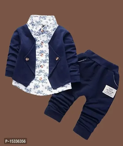 Premium Boys Navy Blue Jacket with Floral Print Shirt and Pant Clothing Set for Party, Wedding and Festive Wear Top and Bottom Set-thumb0