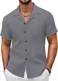 Stylish Grey Cotton Blend Solid Short Sleeves Casual Shirt For Men-thumb3