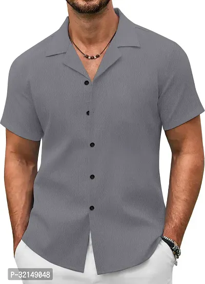 Stylish Grey Cotton Blend Solid Short Sleeves Casual Shirt For Men-thumb4