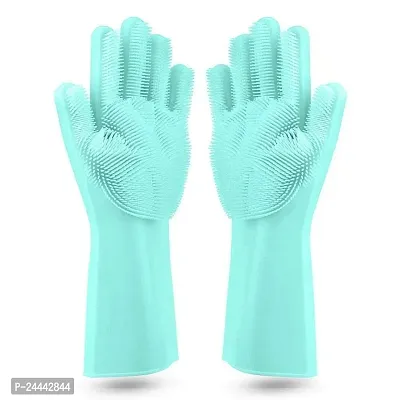 Magic Silicone Cleaning Hand Gloves for Kitchen Dishwashing and Pet Grooming Washing Dish Car Bathroom (Multicolor) -Pack of 1 Pair-thumb3