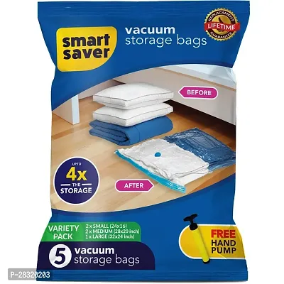 5 Pack Smart Saver Vacuum Bags for Travel, Space Saver Bags (1 Large/2 Medium/2 Small) Compression Storage Bags for Clothes, Bedding, Pillows, Comforters, Blankets Storage Vacuum Sealer Bags for Cloth-thumb0