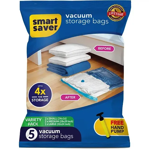 5 Pack Smart Saver Vacuum Bags for Travel, Space Saver Bags (1 Large/2 Medium/2 Small) Compression Storage Bags for Clothes, Bedding, Pillows, Comforters, Blankets Storage Vacuum Sealer Bags for Cloth