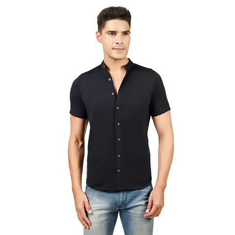 JUGAADOO Chinese Collar Casual Shirt for Man (Small, Black)