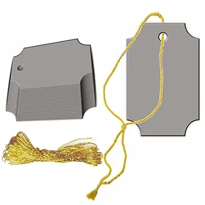 CVANU Creative Craft Paper with Golden String Writable Blank Gift Tags for Thanksgiving, Party & Celebration Color-Sombre Grey, Size(7cm X 4.5cm) (100pcs)