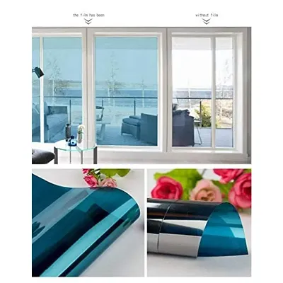 CVANU One Way Daytime Window Film Privacy Window Heat Control Flim Glass Films Self-Adhesive Window Blue  Silver Tint for Home and Office 12''x100''